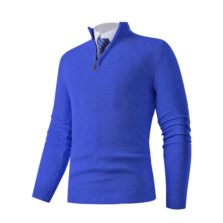 Men's fine knit pullover with stand-up collar and half zipper, textured knit and slim business casual fit Mune Fashion