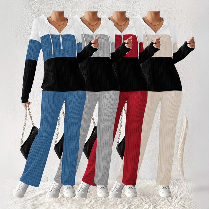 Women's Ribbed Lounge Set with Hooded Half-Zip and Wide Palazzo Knit Pants Mune Fashion