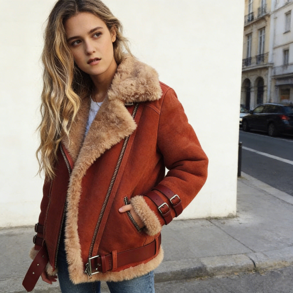 Ladies fluffy biker jacket with teddy lining and buckle trim Mune Fashion