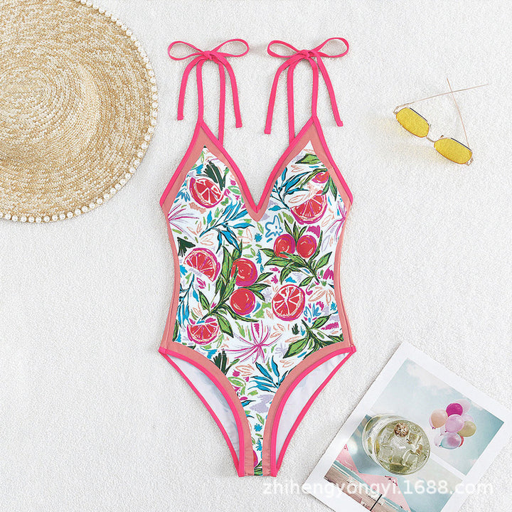 Women's One Piece Swimsuit with Fruity Pattern and Adjustable Straps Mune Fashion