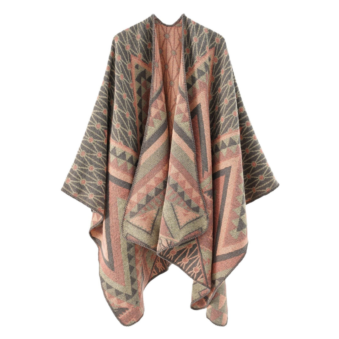 Women Structured Jacquard Poncho Overlay with Graphic Ethno Pattern and Open Kimono Fall Mune Fashion