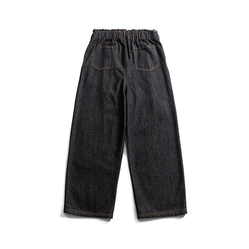 Men's Loose Denim Pants with Elastic Drawstring Waistband and Pleats Mune Fashion