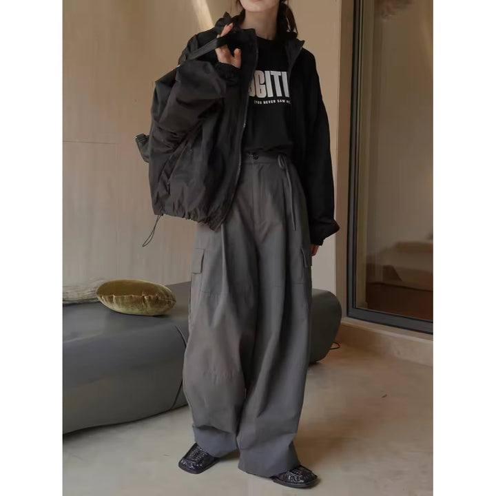 Women's Wide High-Waist Cargo Palazzo Pants with Drawstring Waistband and Patch Pockets Mune Fashion