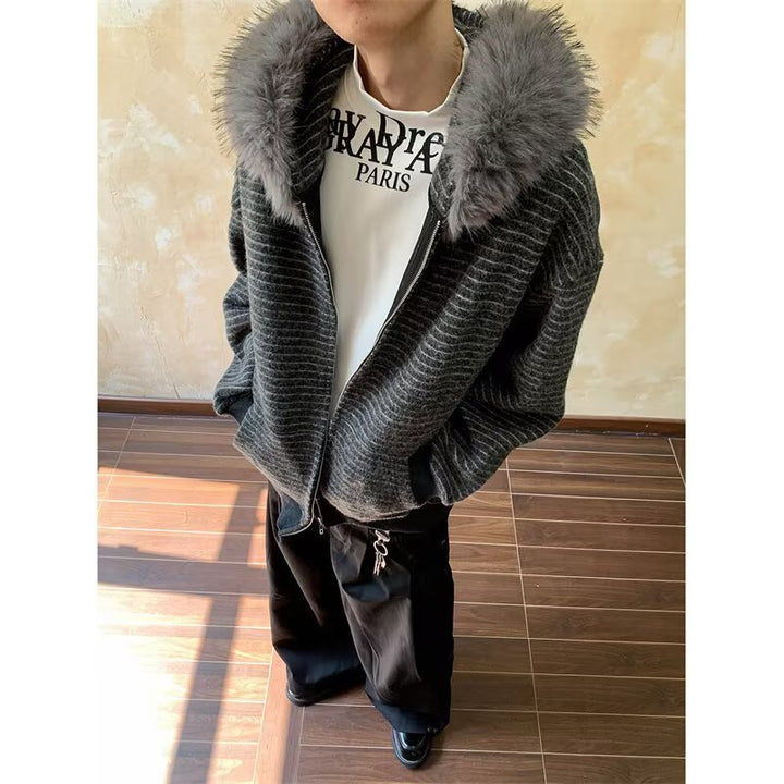 Men's Fashionable Hooded Jacket with Faux Fur Collar Mune Fashion