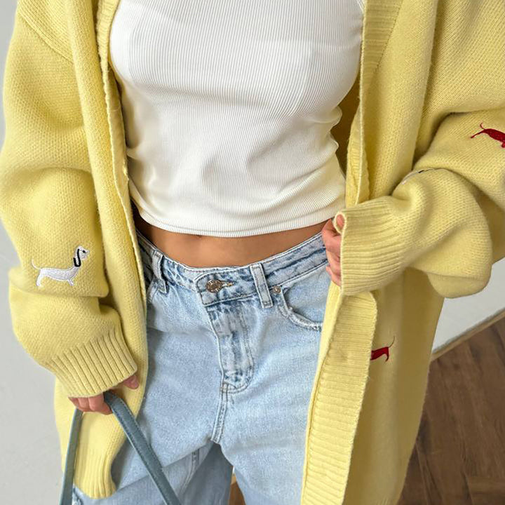 Women Oversized Knit Cardigan with Embroidered Dachshund Motifs Mune Fashion