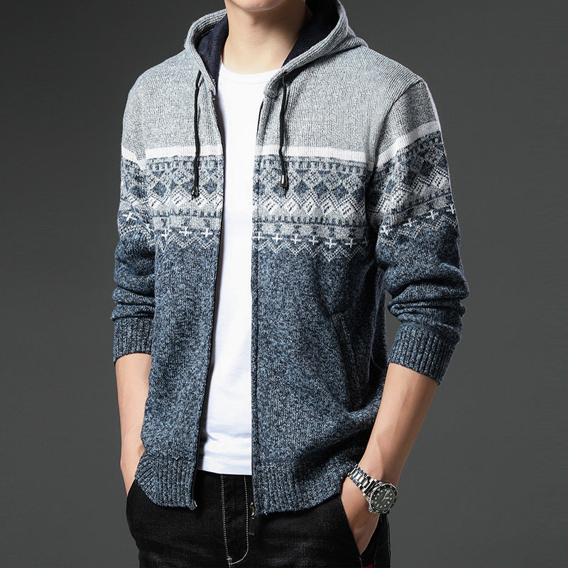 Men's Knit Zip Hoodie with Norwegian Pattern, Hood and Side Pockets Mune Fashion