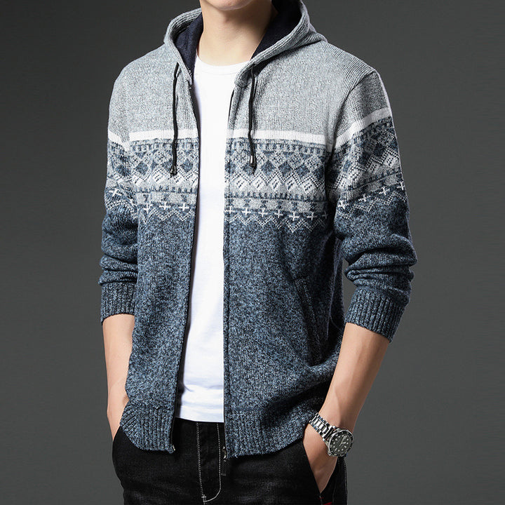 Men's Knit Zip Hoodie with Norwegian Pattern, Hood and Side Pockets Mune Fashion