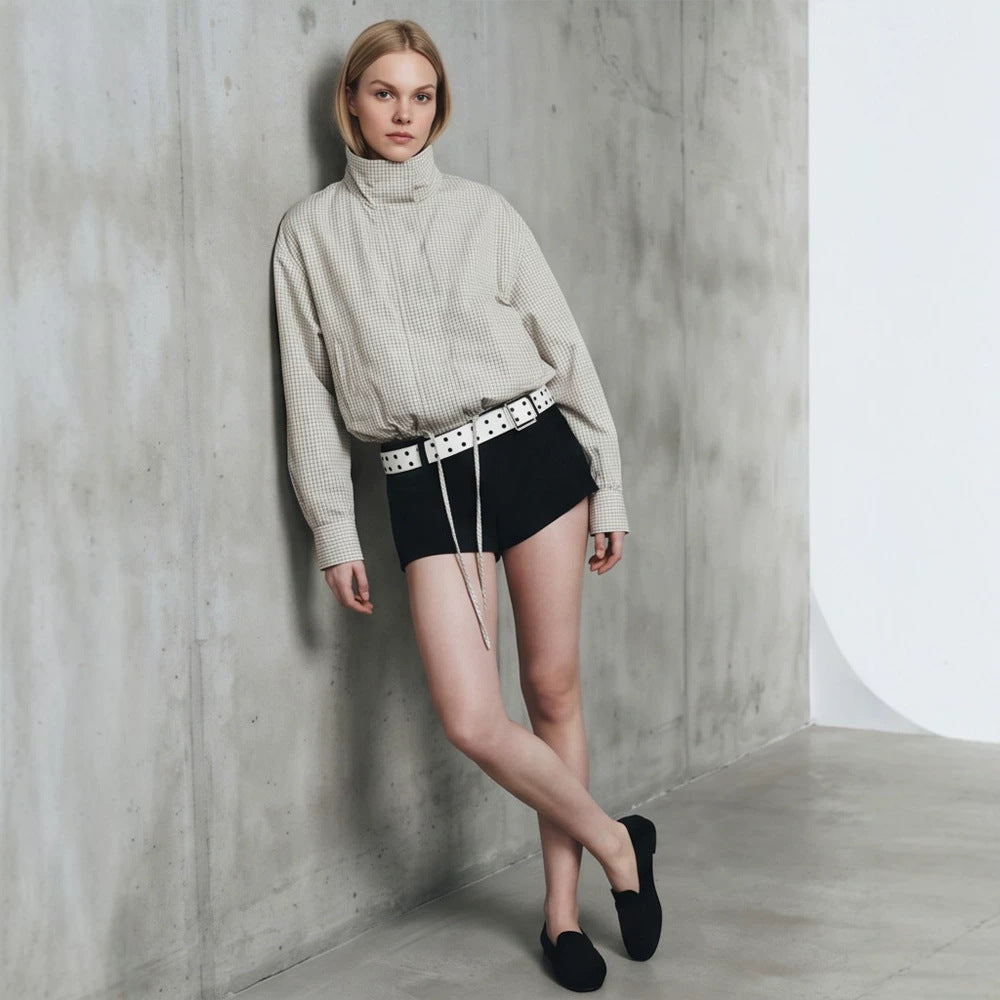 Women’s short cut lightweight transitional jacket with stand-up collar and elastic hem Mune Fashion
