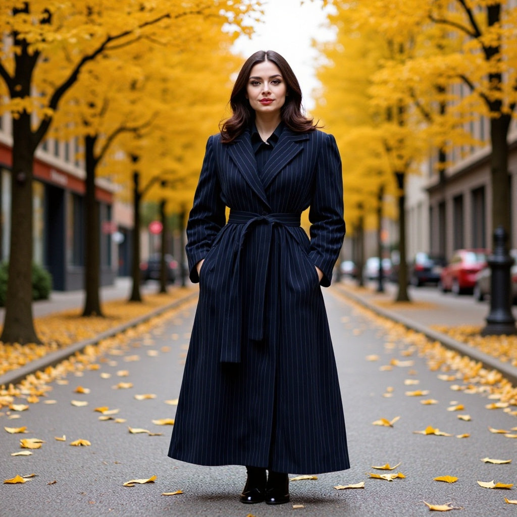 Women Tailored Pinstripe Coat with Ties and Wide Maxi Skirt Mune Fashion