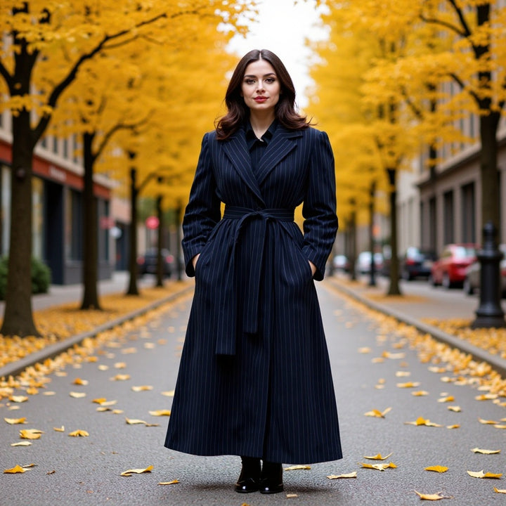 Women Tailored Pinstripe Coat with Ties and Wide Maxi Skirt Mune Fashion