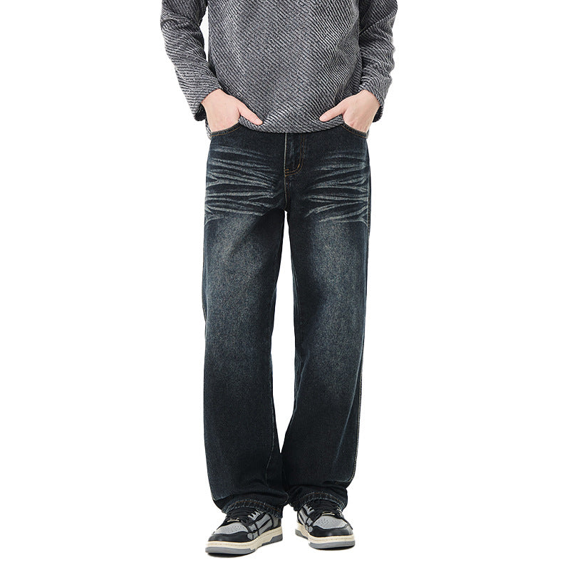 Men's Loose Vintage Denim Jeans with Wrinkle Effect and Low Rise Mune Fashion