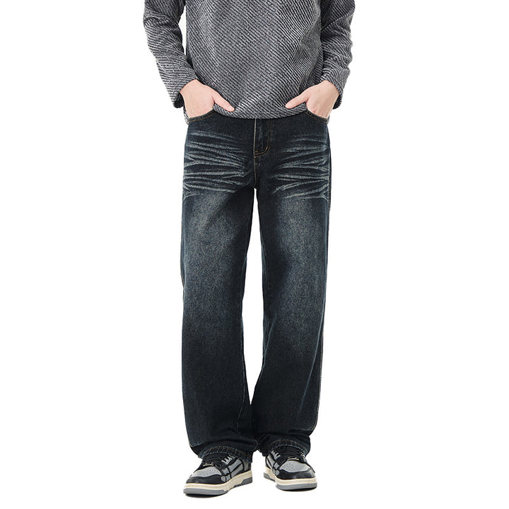 Men's Loose Vintage Denim Jeans with Wrinkle Effect and Low Rise Mune Fashion