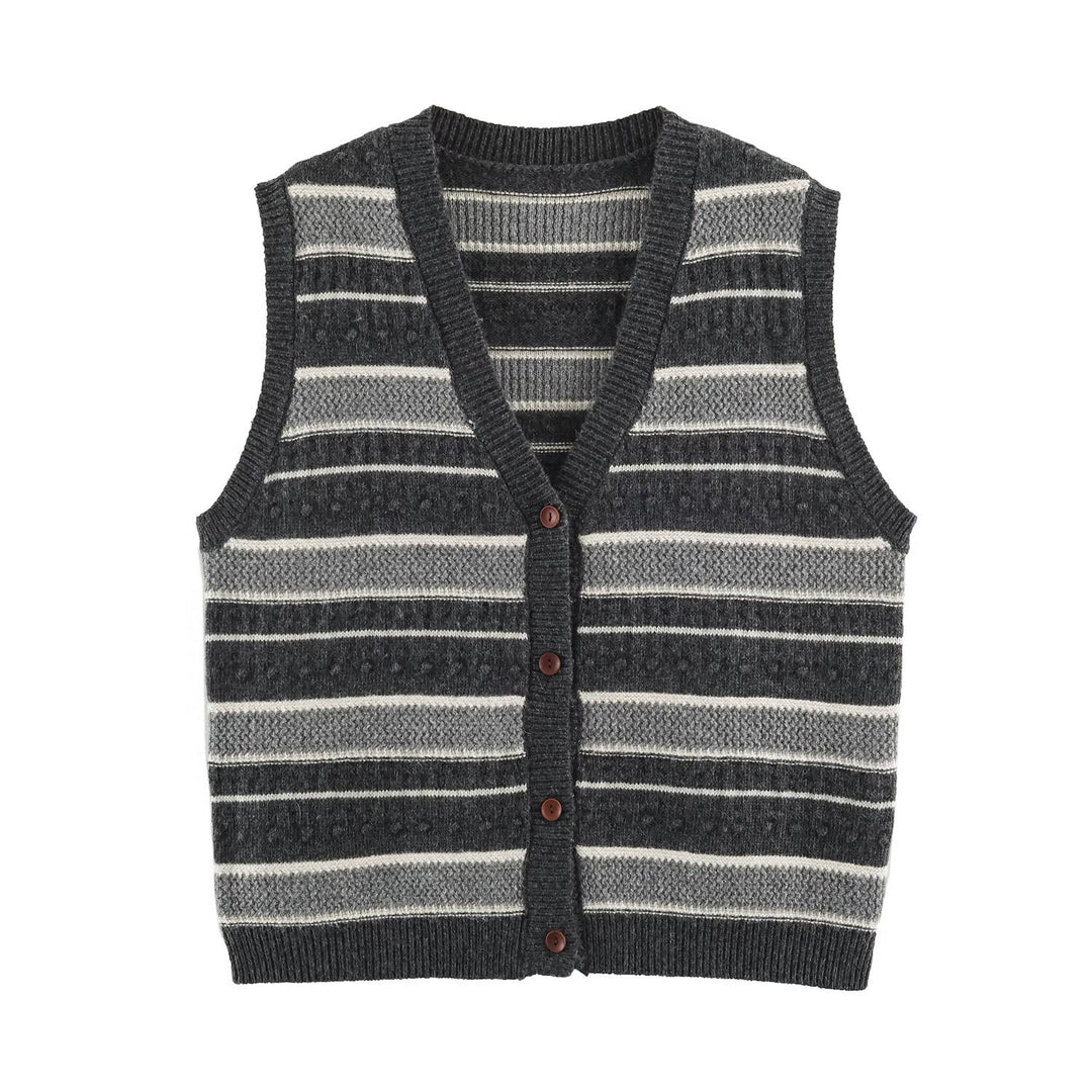 Women's fine knitted vest with V-neck, textured stripes and button placket Mune Fashion