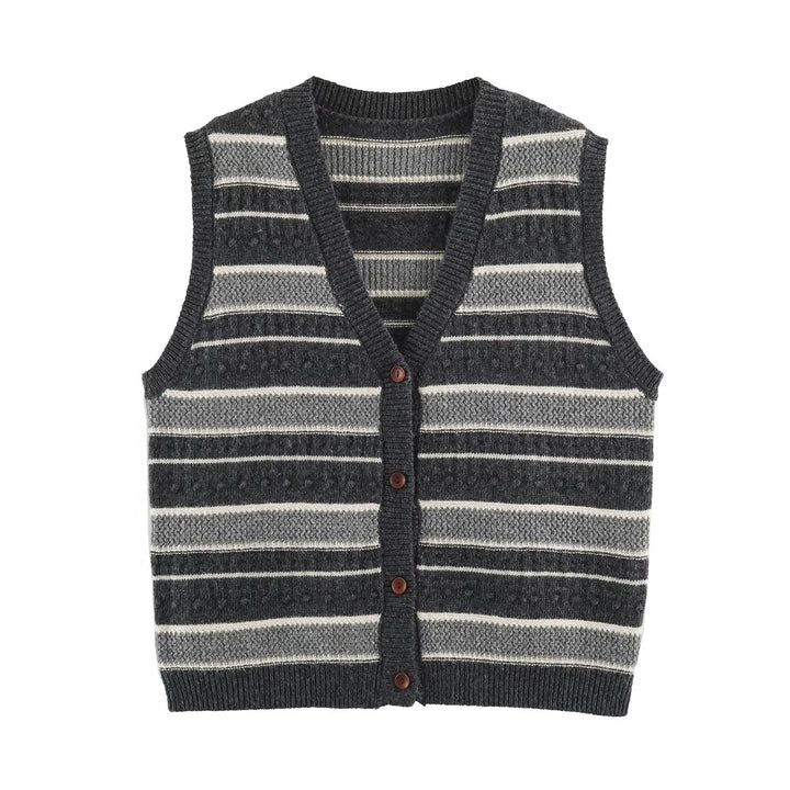 Women's fine knitted vest with V-neck, textured stripes and button placket Mune Fashion