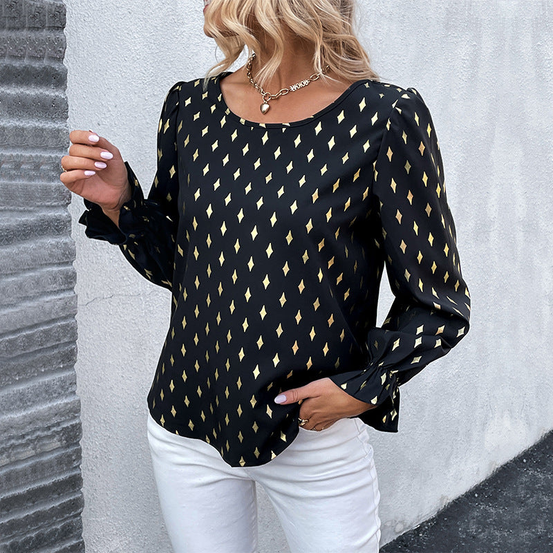 Ladies' satin blouse with diamond print, boat neck and gathered cuffs Mune Fashion