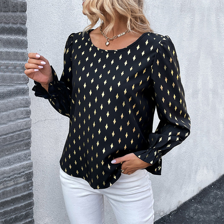 Women's Satin Blouse Shirt with Diamond Print, Slightly Tailored Cut and Delicate Puff Sleeves