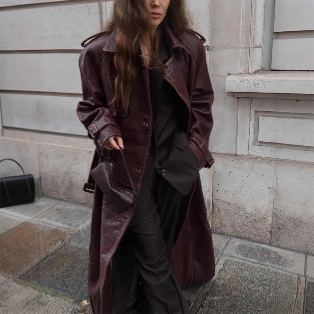 Women Long Trench Coat Made of Faux Leather with Oversized Shoulders and Tailored Silhouette Mune Fashion