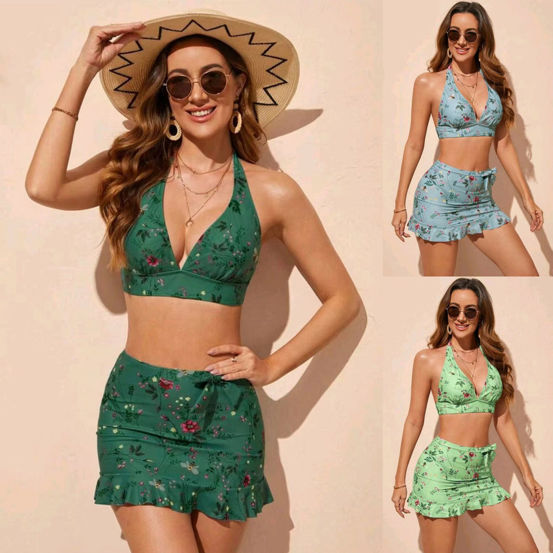 Women's Floral Print Bikini Set with Wrap Skirt Mune Fashion