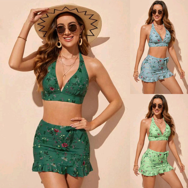Women's Floral Print Bikini Set with Wrap Skirt Mune Fashion