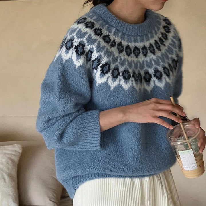 Women Patterned Knit Sweater with Norwegian Motif Mune Fashion