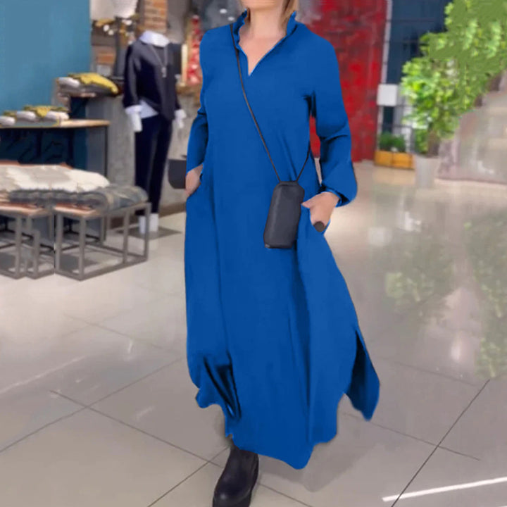 Women's flowing maxi dress with V-neck, boxy A-line, and long sleeves Mune Fashion