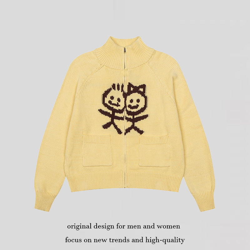 Women's chunky knit zip cardigan with stand-up collar, patch pockets and cartoon intarsia Mune Fashion