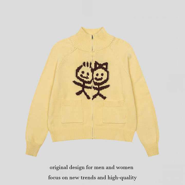 Women's chunky knit zip cardigan with stand-up collar, patch pockets and cartoon intarsia Mune Fashion