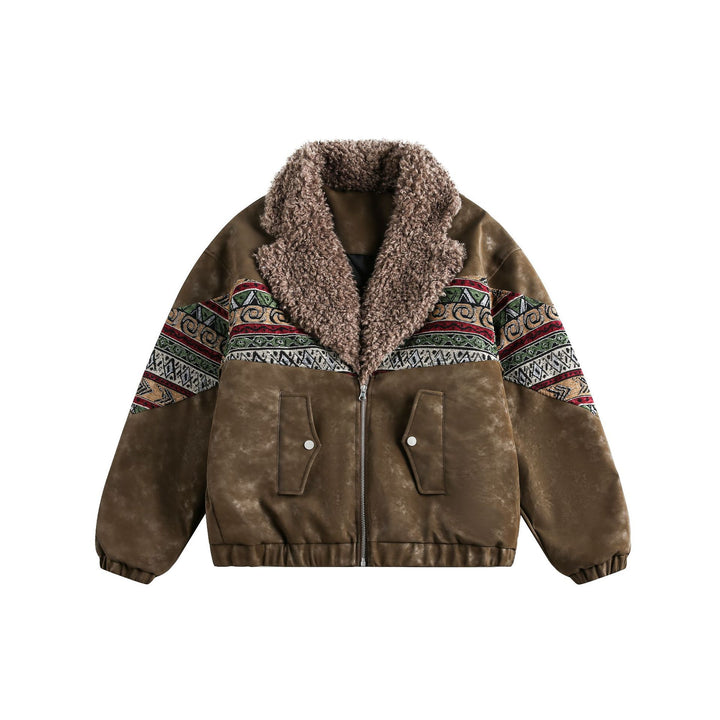Ladies Short Suede Bomber with Faux Fur Collar and Ethnic Knit Inserts Mune Fashion