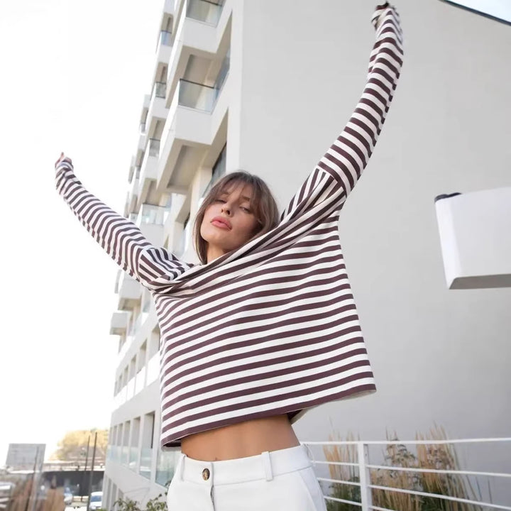 Women Casual Striped Long Sleeve Shirt Mune Fashion