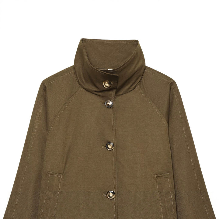 Women's short jacket with high stand-up collar, drawstring hem and contrasting checkered cuffs Mune Fashion