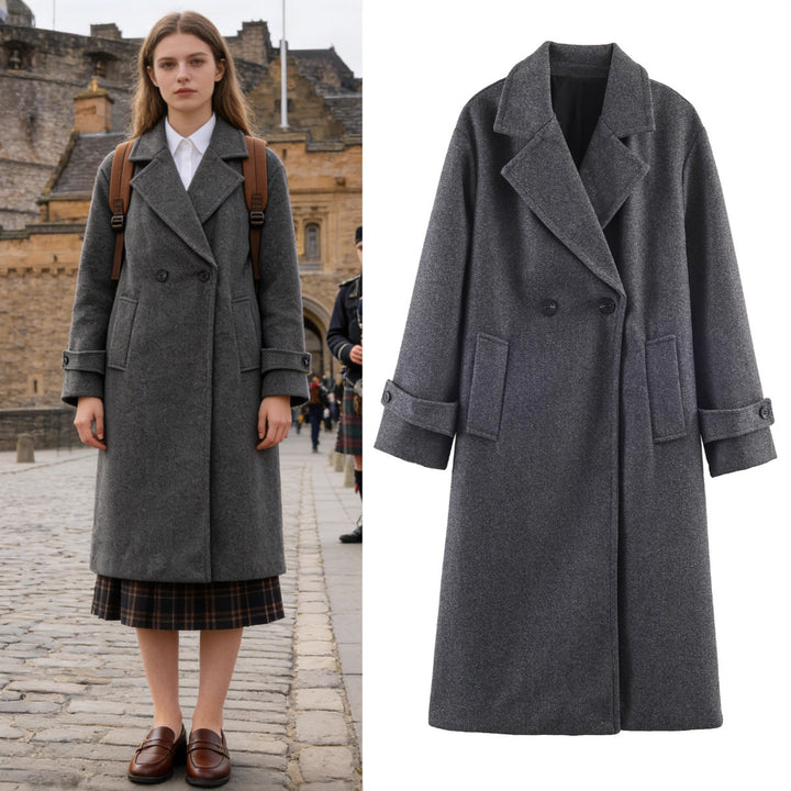 Women Oversized Wool Blend Coat with Double-Breasted Closure, Wide Lapels and Sleeve Tabs Mune Fashion