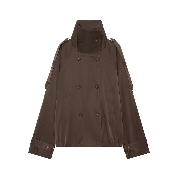 Women's Cape-like Short Double-breasted Trench Coat with High Stand Collar and Adjustable Cuffs Mune Fashion