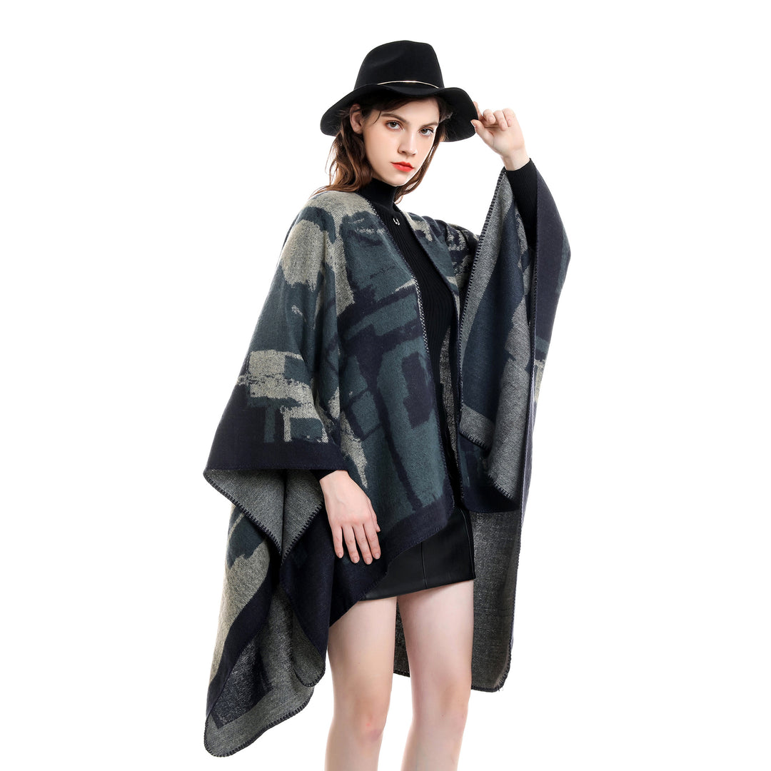 Women's oversized wrap robe made of wool blend with abstract jacquard and decorative stitch edge Mune Fashion