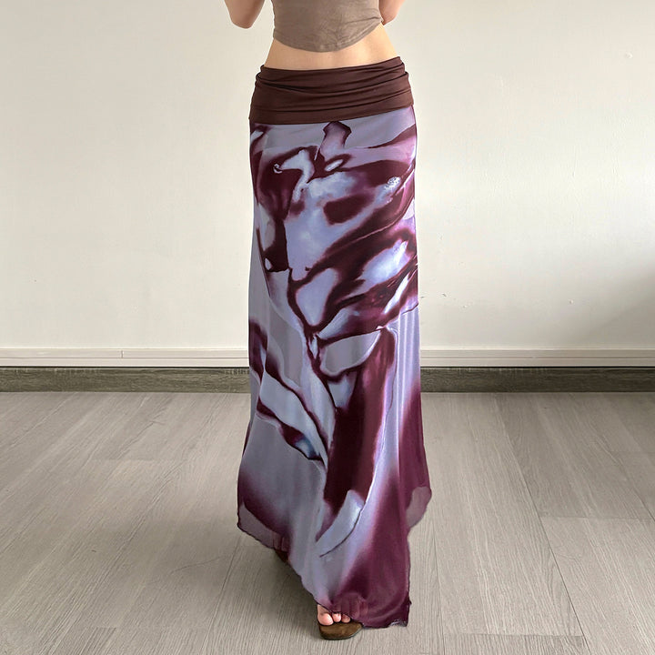 Women Asymmetrical Layered Chiffon Maxi Skirt with Folded Waistband and Watercolor Print Mune Fashion