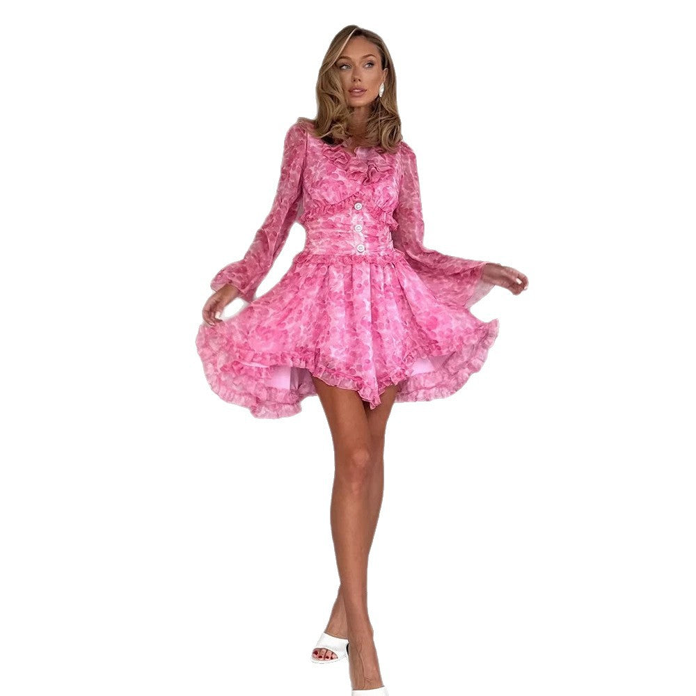 Women Short Ruffled Dress with Tailored Corset Waist and Balloon Sleeves Mune Fashion
