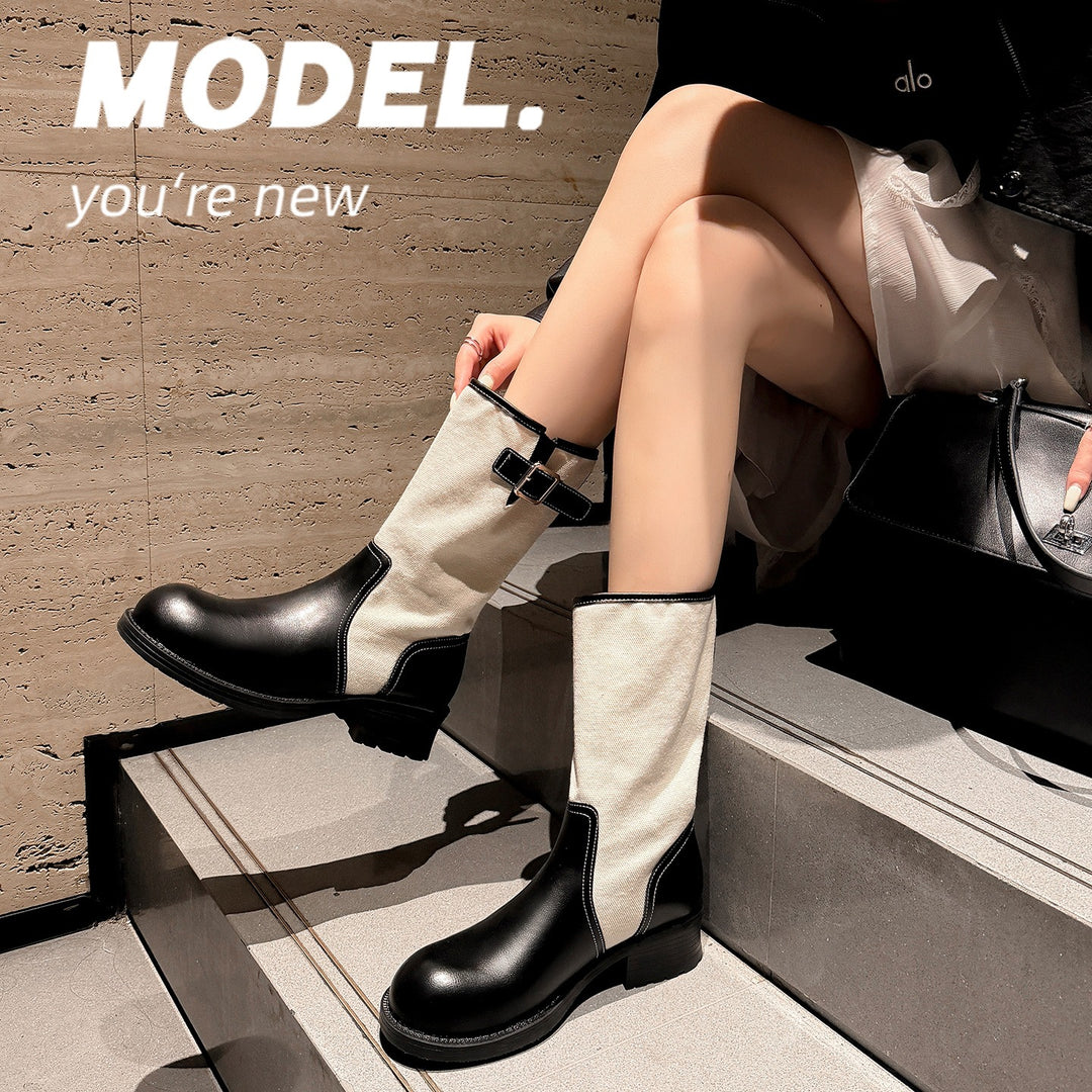 Women Mid-Calf Boots made of smooth leather and canvas with decorative buckle straps Mune Fashion