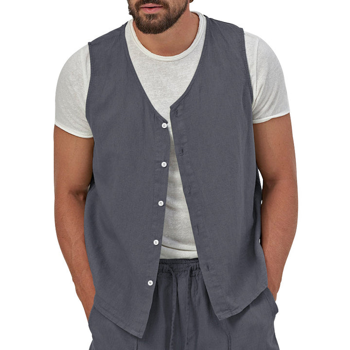 Men's casual sleeveless shirt waistcoat made of linen-cotton blend with V-neck and full button placket Mune Fashion