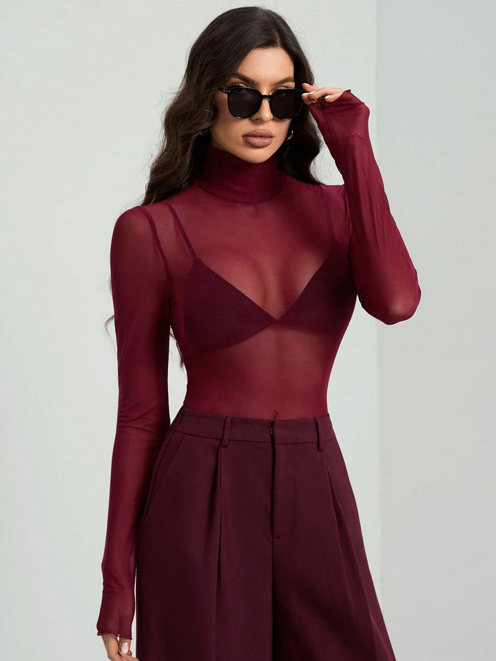 Women's fine transparent mesh long-sleeve top with turtleneck and fitted shape Mune Fashion