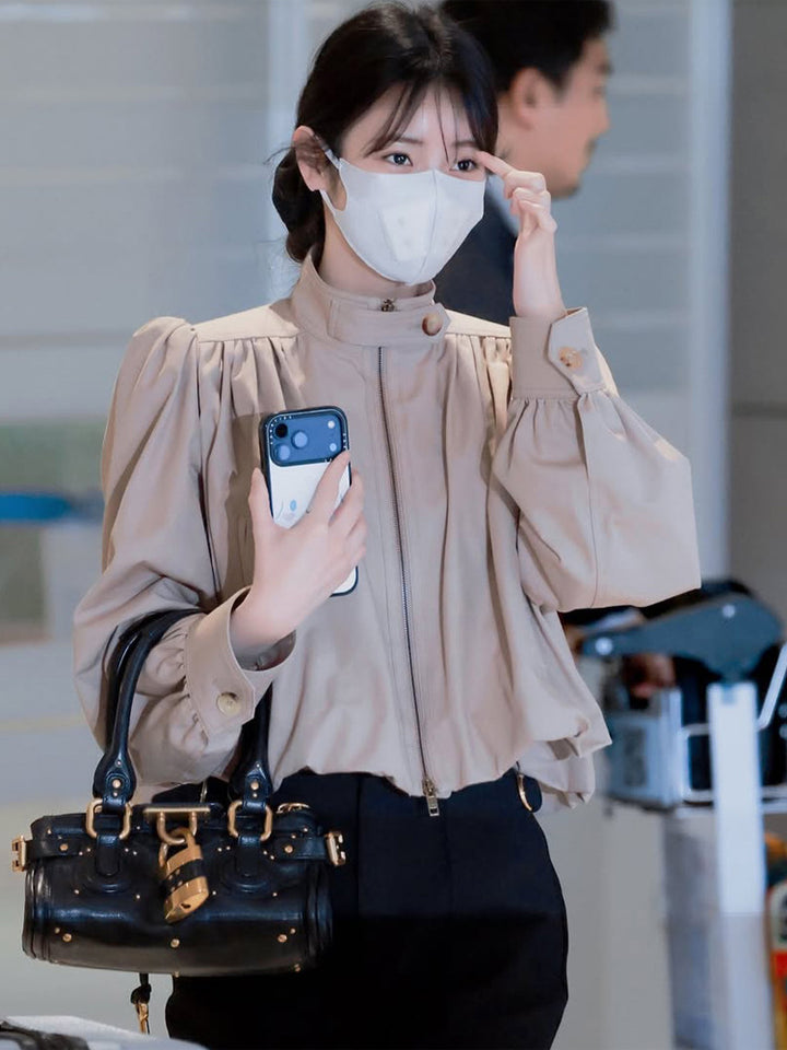 Women Lightweight Blouson Jacket with Balloon Sleeves and Stand-up Collar Mune Fashion