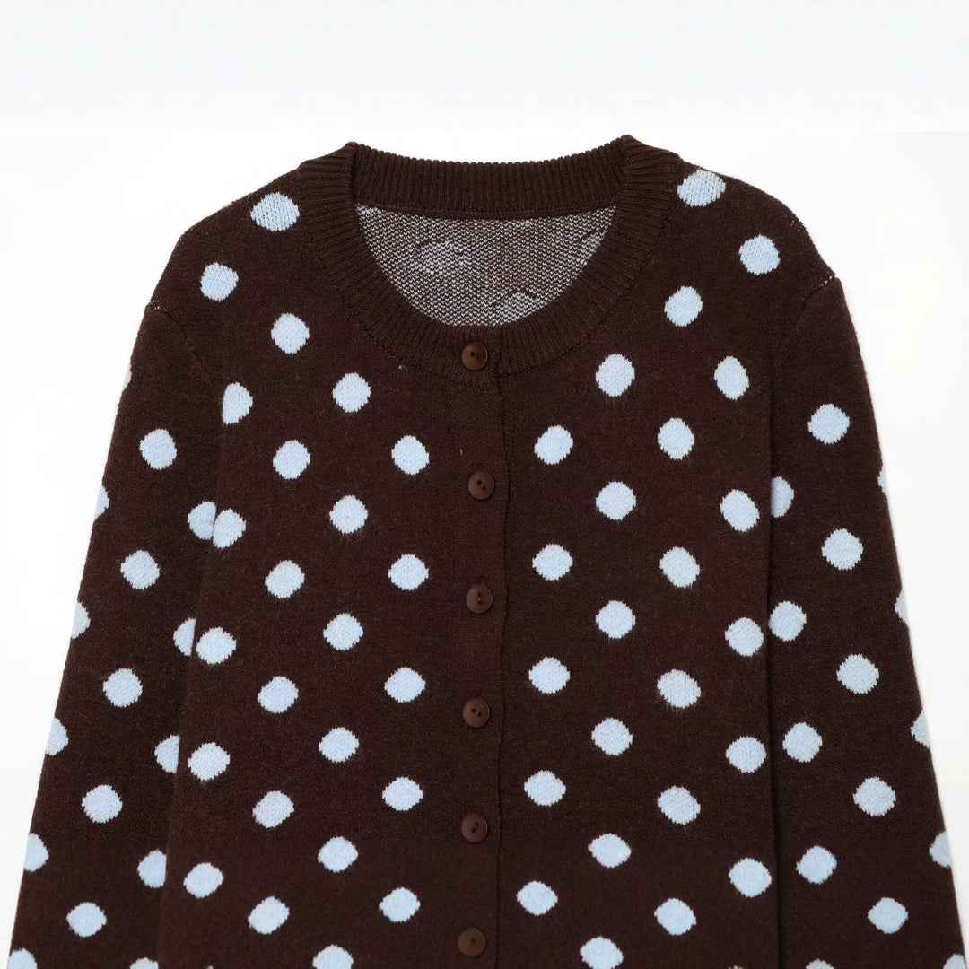 Women’s Short-Cut Dotted Fine Knit Cardigan with Ribbed Cuffs and Button Placket Mune Fashion