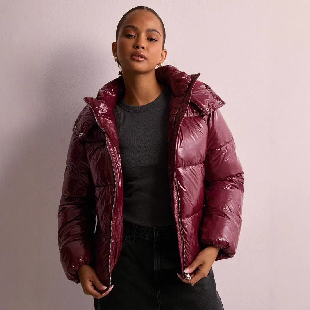 Women's quilted puffer jacket with hood, high stand-up collar, and two-way zipper Mune Fashion