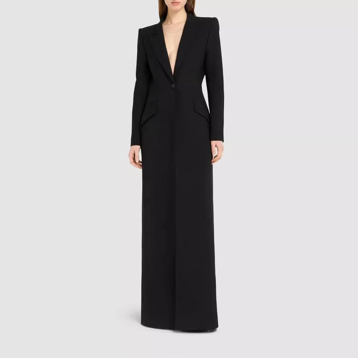 Women’s long tailored blazer dress with deep V-neckline and structured shoulder pads Mune Fashion
