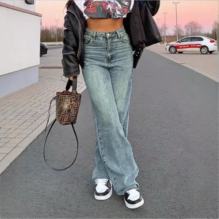Women High-Waist Wide Vintage-Denim Baggy-Jeans with Relaxed Flare Mune Fashion