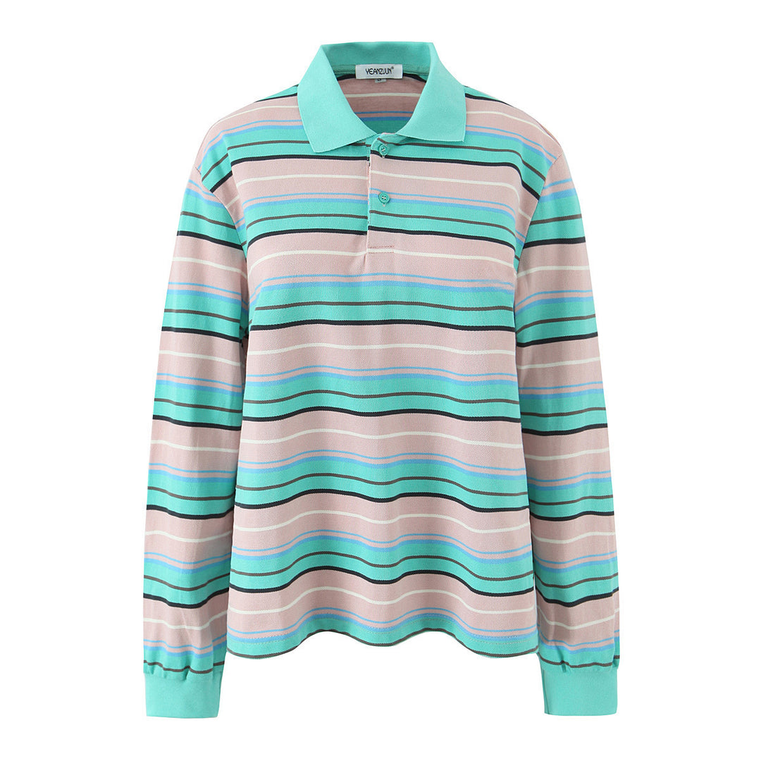 Men's Long-Sleeve Polo Shirt in Retro Stripe Pattern with Ribbed Cuffs and Button Placket Mune Fashion
