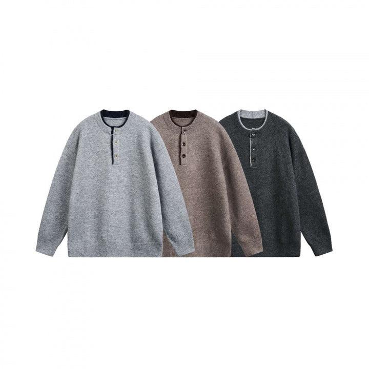 Unisex Chunky Knit Henley Sweater with Half Button Placket and Ribbed Neckline Mune Fashion