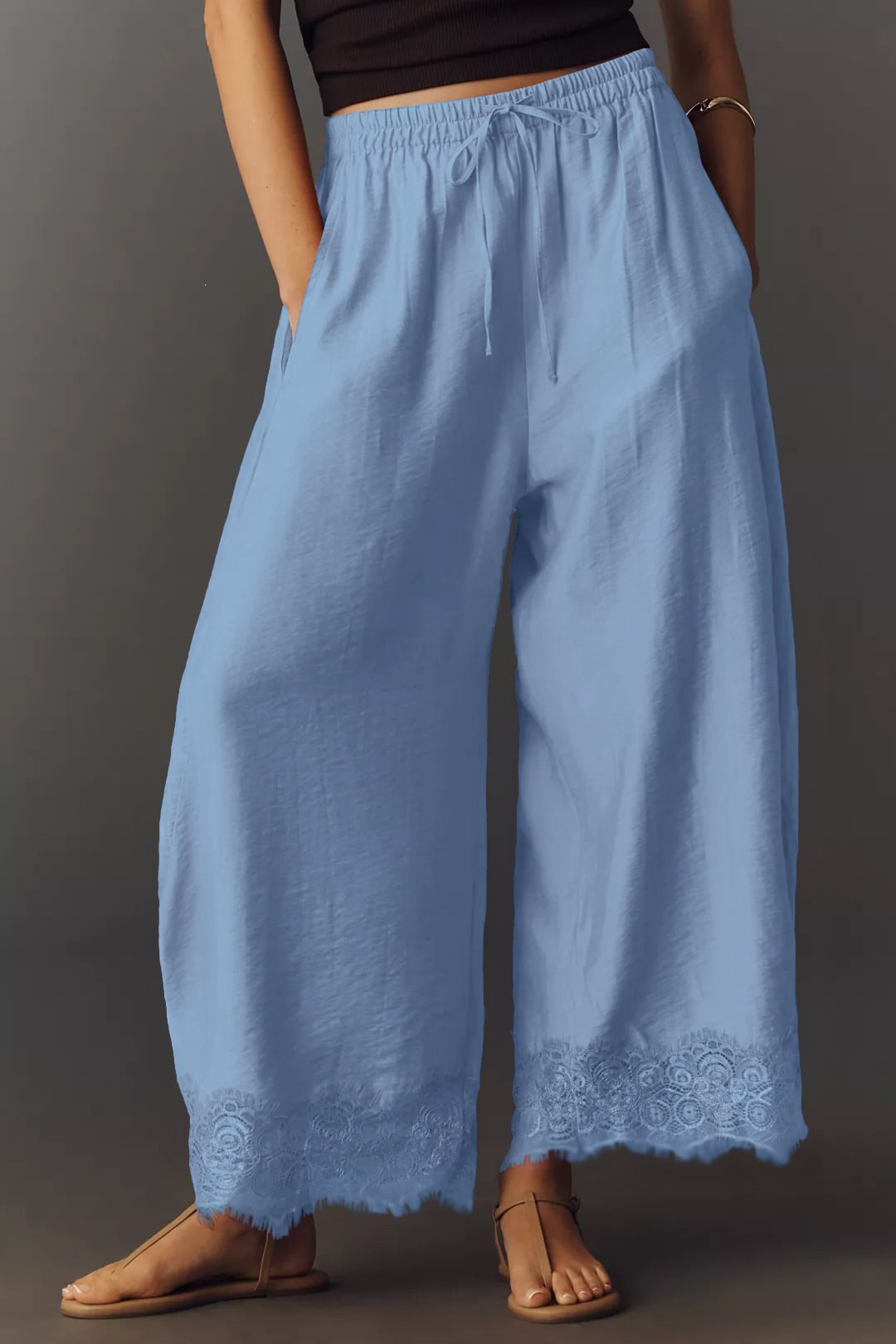 Women Wide Palazzo Pants with Elastic Drawstring Waistband and Lace Trim Mune Fashion