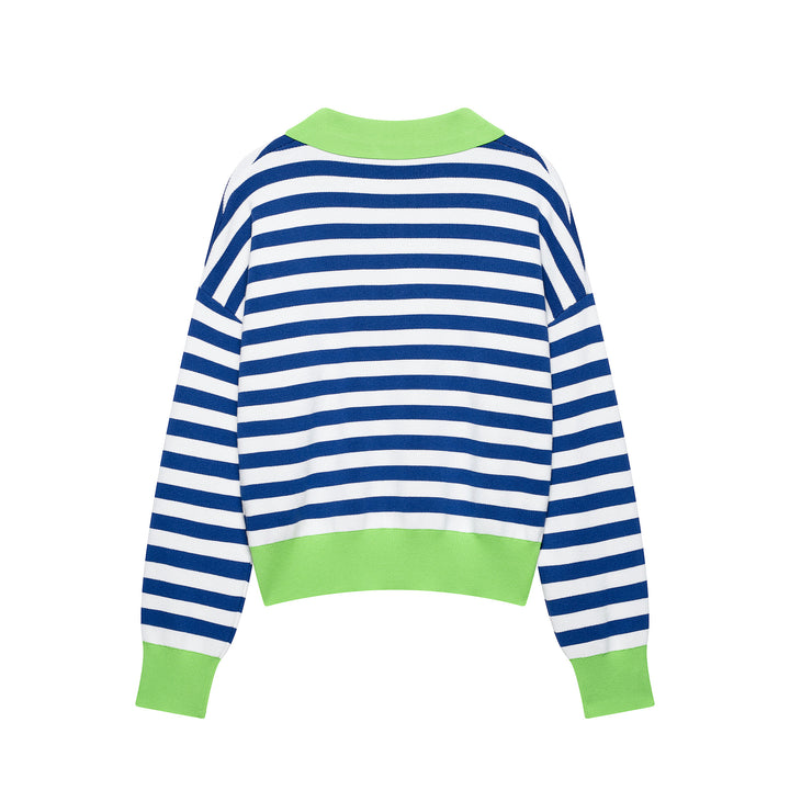 Women's Striped Polo Sweater with V-Neck, Loose Body and Contrasting Cuffs Mune Fashion