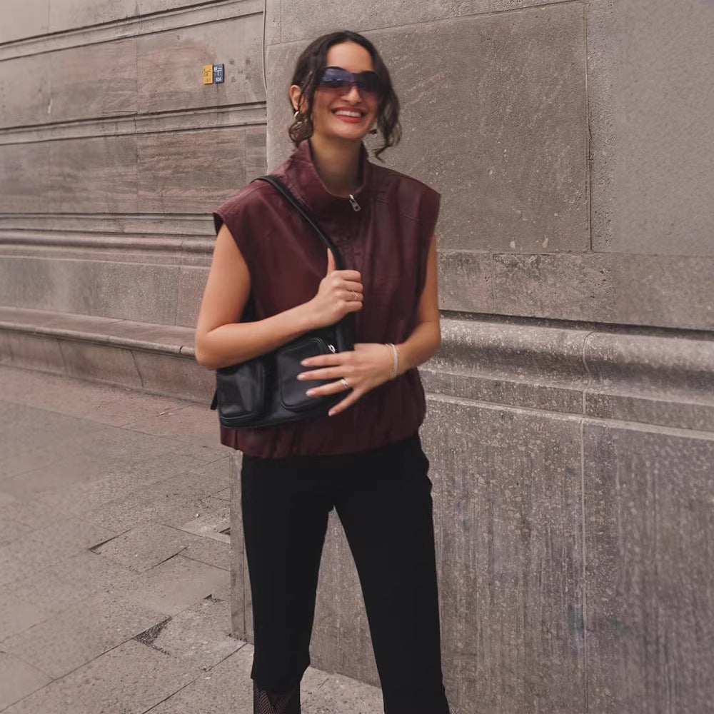 Women Sleeveless Leather Vest with High Stand Collar, Short Boxy Cut and Front Zipper Mune Fashion