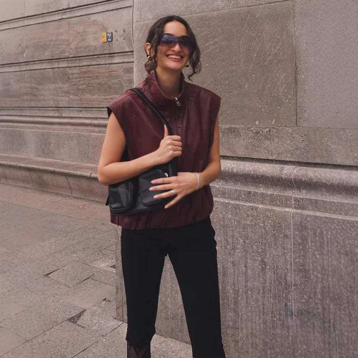 Women Sleeveless Leather Vest with High Stand Collar, Short Boxy Cut and Front Zipper Mune Fashion