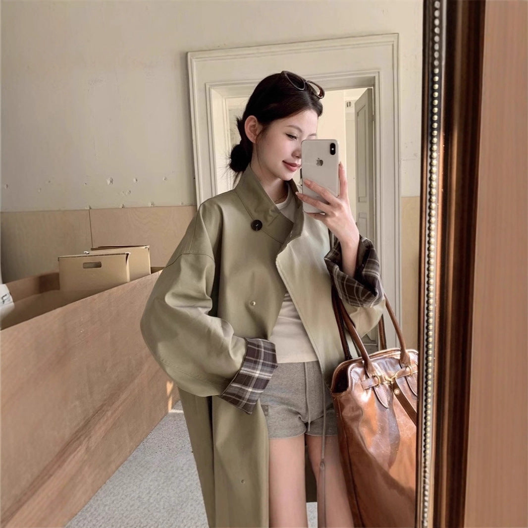 Women Oversized Short Coat with Stand-Up Collar and Checked Sleeve Lining Mune Fashion